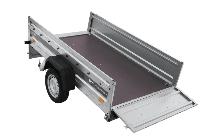 Przyczepka jednoosiowa 230x125 UNITRAILER FORCE 230 KIPP z burtami siatkowymi, stelażem H-800 i pokrowcem szarym