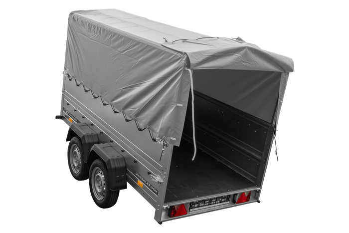 Przyczepka dwuosiowa 264x125 UNITRAILER GARDEN 264/2 KIPP z burtami BIS, stelażem H-800 i pokrowcem szarym