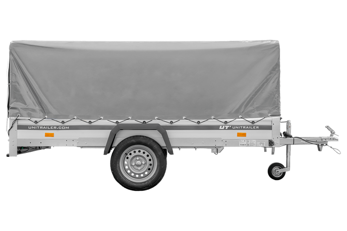Przyczepka jednoosiowa z burtami aluminiowymi 264x150 Unitrailer Garden 265 KIPP ALU ze stelażem H-800 i pokrowcem szarym