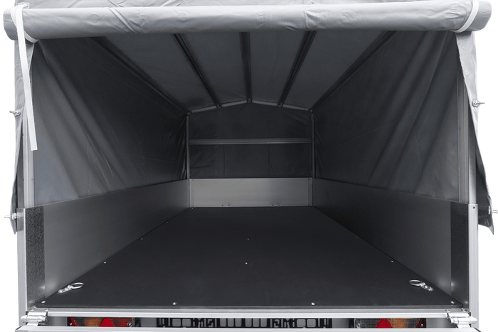 Przyczepka jednoosiowa na resorach z burtami aluminiowymi 230x125 Unitrailer Garden 230/R KIPP ALU ze stelażem H-800 i pokrowcem szarym