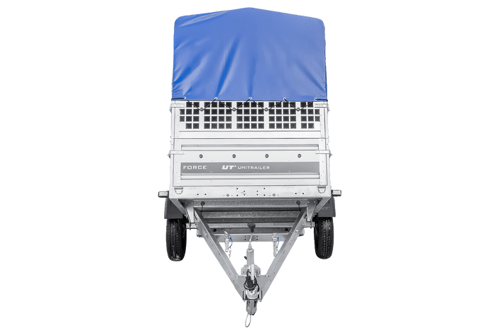 Przyczepka jednoosiowa 230x125 UNITRAILER FORCE 230 KIPP z burtami siatkowymi, stelażem H-0 i pokrowcem niebieskim
