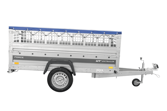 Przyczepka jednoosiowa 230x125 UNITRAILER FORCE 230 KIPP z burtami siatkowymi, stelażem H-0 i pokrowcem niebieskim