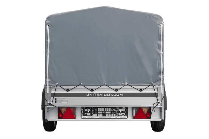 Przyczepka jednoosiowa na resorach z burtami aluminiowymi 230x125 Unitrailer Garden 230/R KIPP ALU ze stelażem H-800 i pokrowcem szarym