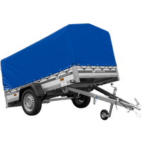 Przyczepka jednoosiowa na resorach z burtami aluminiowymi 230x125 Unitrailer Garden 230/R KIPP ALU ze stelażem H-800 i pokrowcem niebieskim