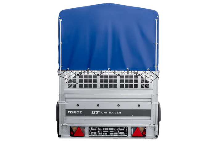 Przyczepka samochodowa na resorach 264x125 UNITRAILER FORCE 264/R KIPP z burtami siatkowymi, stelażem H-800 i pokrowcem niebieskim