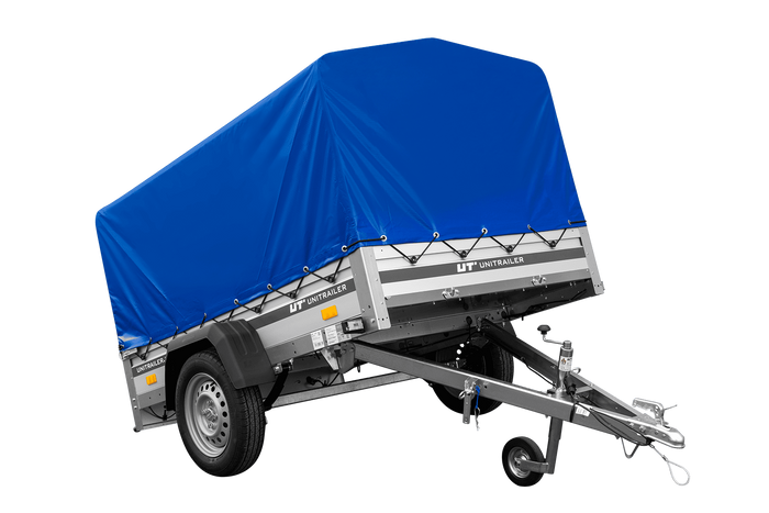 Przyczepka samochodowa na resorach z burtami aluminiowymi 200x125 Unitrailer Garden 201/R KIPP ALU ze stelażem H-800 i pokrowcem niebieskim