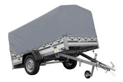 Przyczepka jednoosiowa na resorach z burtami aluminiowymi 230x125 Unitrailer Garden 230/R KIPP ALU ze stelażem H-800 i pokrowcem szarym