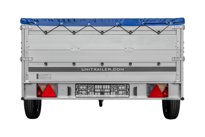 Przyczepka jednoosiowa z burtami aluminiowymi 264x150 Unitrailer Garden 265 KIPP ALU z burtami BIS, stelażem H-0 i pokrowcem niebieskim