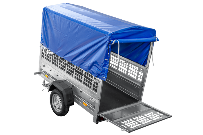 Przyczepka lekka 200x106 UNITRAILER GARDEN 200 KIPP z burtami siatkowymi, stelażem H-800 i pokrowcem niebieskim