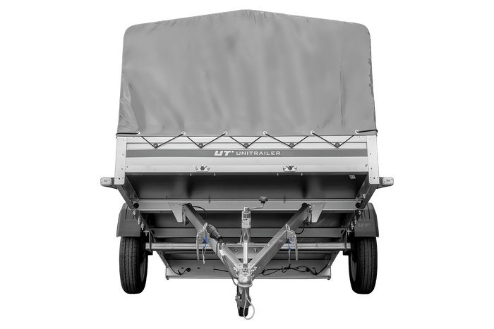 Przyczepka jednoosiowa z burtami aluminiowymi 264x150 Unitrailer Garden 265 KIPP ALU ze stelażem H-800 i pokrowcem szarym