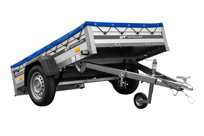 Przyczepka jednoosiowa na resorach z burtami aluminiowymi 200x125 Unitrailer Garden 201/R KIPP ALU ze stelażem H-0 i pokrowcem niebieskim