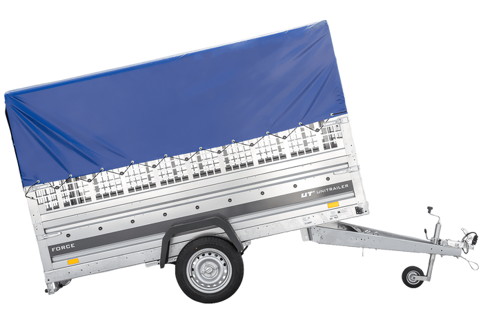 Przyczepka samochodowa na resorach 264x125 UNITRAILER FORCE 264/R KIPP z burtami siatkowymi, stelażem H-800 i pokrowcem niebieskim