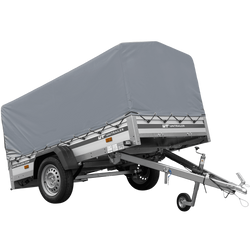 Przyczepka jednoosiowa na resorach z burtami aluminiowymi 230x125 Unitrailer Garden 230/R KIPP ALU ze stelażem H-800 i pokrowcem szarym
