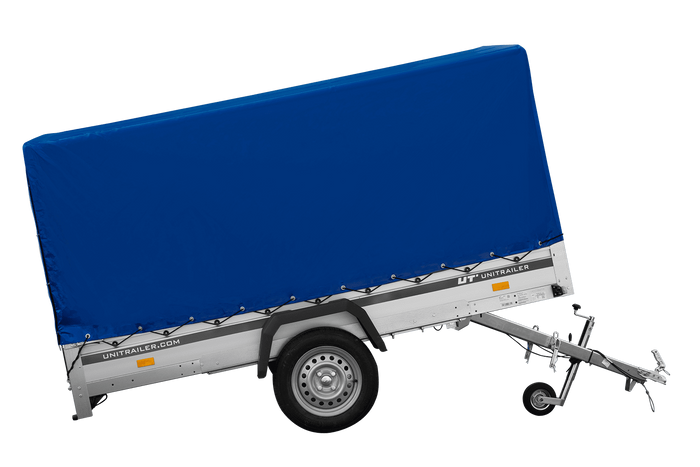 Przyczepka samochodowa z burtami aluminiowymi 264x150 Unitrailer Garden 265 KIPP ALU ze stelażem H-1100 i pokrowcem niebieskim