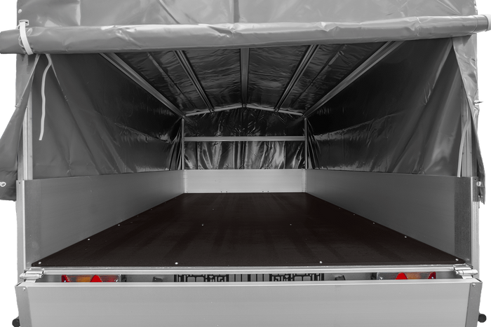 Przyczepka jednoosiowa z burtami aluminiowymi 264x150 Unitrailer Garden 265 KIPP ALU ze stelażem H-800 i pokrowcem szarym
