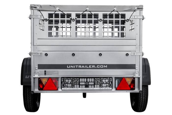 Przyczepka samochodowa 150x106 UNITRAILER GARDEN 150 KIPP z burtami siatkowymi i pokrowcem szarym