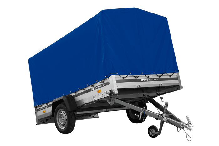 Przyczepka samochodowa z burtami aluminiowymi 264x150 Unitrailer Garden 265 KIPP ALU ze stelażem H-1100 i pokrowcem niebieskim