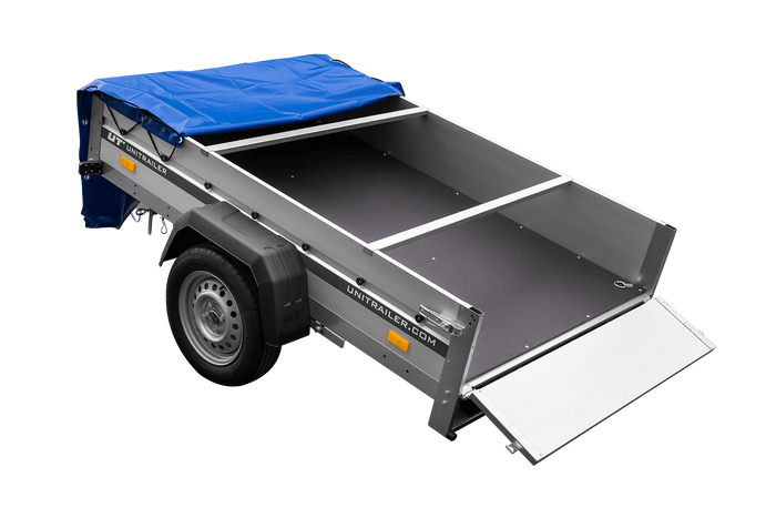 Przyczepka jednoosiowa na resorach z burtami aluminiowymi 200x125 Unitrailer Garden 201/R KIPP ALU ze stelażem H-0 i pokrowcem niebieskim