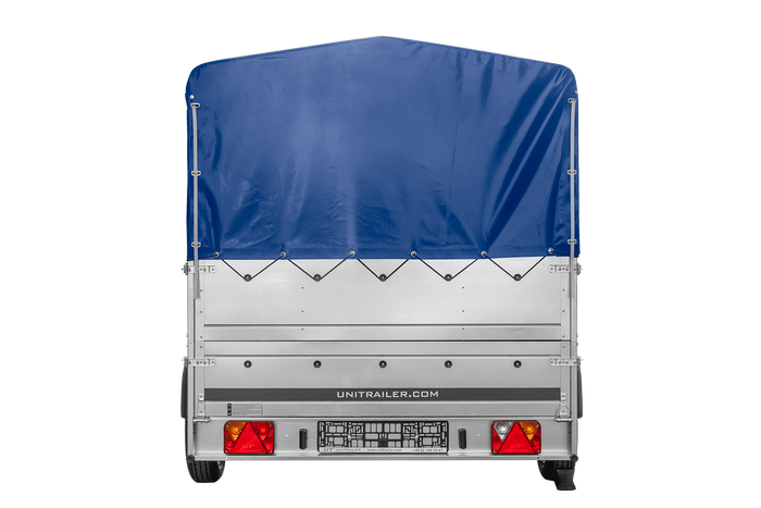 Przyczepka jednoosiowa na resorach 264x150 UNITRAILER GARDEN 265/R KIPP z burtami BIS, stelażem H-800 i pokrowcem niebieskim