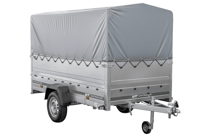 Przyczepka lekka na resorach 264x125 UNITRAILER GARDEN 264/R KIPP z burtami BIS, stelażem H-800 i pokrowcem szarym