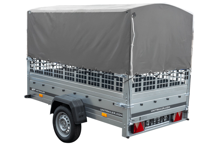 Przyczepka samochodowa na resorach 230x125 UNITRAILER GARDEN 230/R KIPP z burtami siatkowymi, stelażem H-800 i pokrowcem szarym