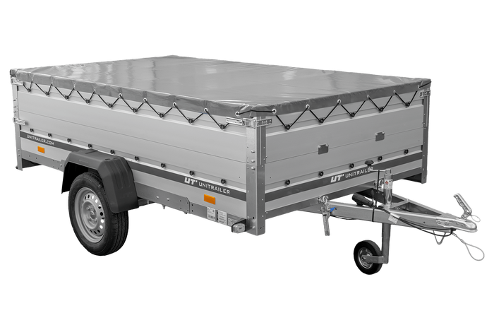 Przyczepka jednoosiowa z burtami aluminiowymi 264x150 Unitrailer Garden 265 KIPP ALU z burtami BIS, stelażem H-0 i pokrowcem szarym