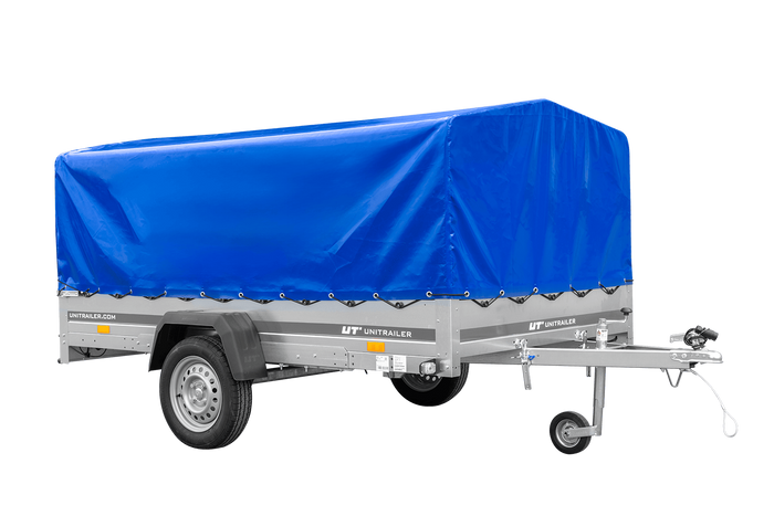 Przyczepka jednoosiowa na resorach 264x150 UNITRAILER GARDEN 265/R KIPP ze stelażem H-800 i pokrowcem niebieskim