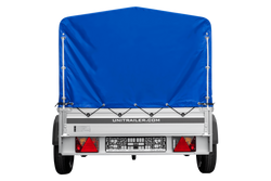 Przyczepka samochodowa na resorach z burtami aluminiowymi 200x125 Unitrailer Garden 201/R KIPP ALU ze stelażem H-800 i pokrowcem niebieskim