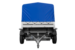 Przyczepka samochodowa na resorach z burtami aluminiowymi 200x125 Unitrailer Garden 201/R KIPP ALU ze stelażem H-800 i pokrowcem niebieskim