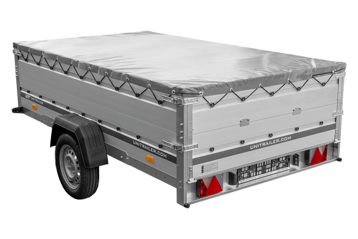 Przyczepka jednoosiowa z burtami aluminiowymi 264x150 Unitrailer Garden 265 KIPP ALU z burtami BIS, stelażem H-0 i pokrowcem szarym