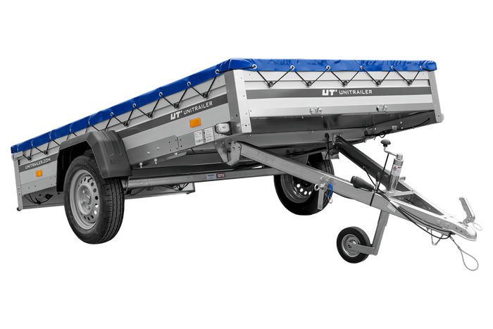Przyczepka samochodowa z burtami aluminiowymi 264x150 Unitrailer Garden 265 KIPP ALU ze stelażem H-0 i pokrowcem niebieskim