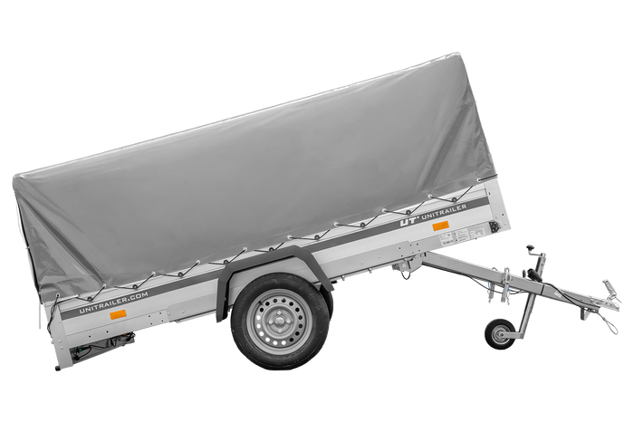 Przyczepka jednoosiowa z burtami aluminiowymi 264x150 Unitrailer Garden 265 KIPP ALU ze stelażem H-800 i pokrowcem szarym