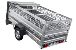 Przyczepka jednoosiowa 264x125 UNITRAILER FORCE 264 KIPP z burtami siatkowymi, stelażem H-0 i pokrowcem szarym
