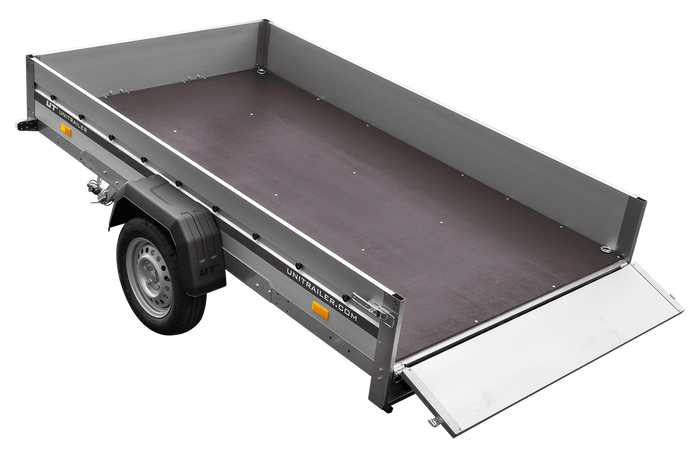 Przyczepka samochodowa z burtami aluminiowymi 264x150 Unitrailer Garden 265 KIPP ALU ze stelażem H-0 i pokrowcem niebieskim