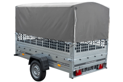 Przyczepka samochodowa na resorach 230x125 UNITRAILER GARDEN 230/R KIPP z burtami siatkowymi, stelażem H-800 i pokrowcem szarym
