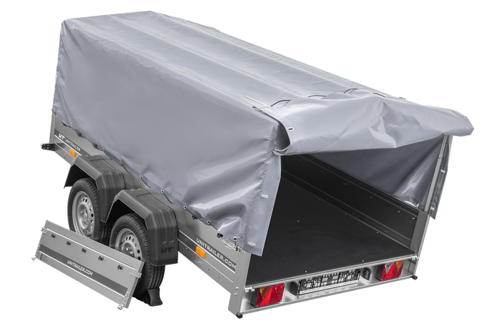 Przyczepka dwuosiowa 264x150 UNITRAILER GARDEN 265/2 KIPP ze stelażem H-800 i pokrowcem szarym