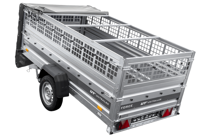 Przyczepka jednoosiowa 264x125 UNITRAILER FORCE 264 KIPP z burtami siatkowymi, stelażem H-0 i pokrowcem szarym