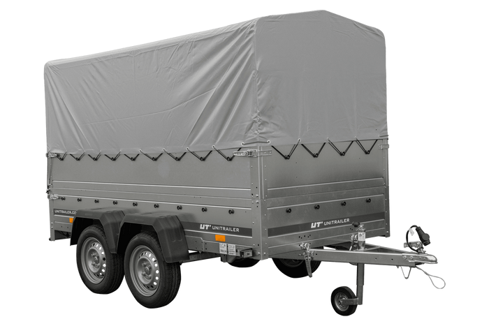 Przyczepka dwuosiowa 264x125 UNITRAILER GARDEN 264/2 KIPP z burtami BIS, stelażem H-800 i pokrowcem szarym