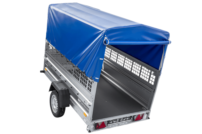 Przyczepka jednoosiowa 230x125 UNITRAILER FORCE 230 KIPP z burtami siatkowymi, stelażem H-0 i pokrowcem niebieskim