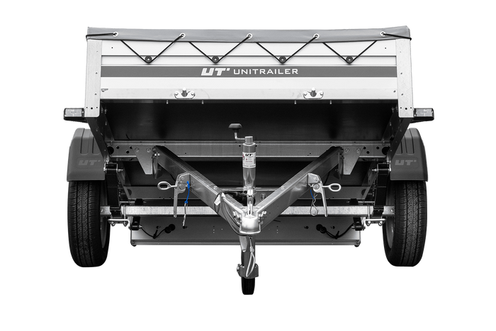Przyczepka jednoosiowa na resorach z burtami aluminiowymi 200x125 Unitrailer Garden 201/R KIPP ALU ze stelażem H-0 i pokrowcem szarym
