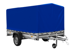 Przyczepka samochodowa z burtami aluminiowymi 264x150 Unitrailer Garden 265 KIPP ALU ze stelażem H-1100 i pokrowcem niebieskim
