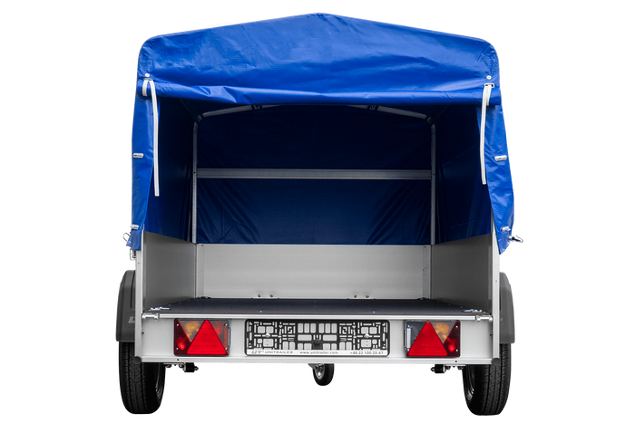Przyczepka samochodowa na resorach z burtami aluminiowymi 200x125 Unitrailer Garden 201/R KIPP ALU ze stelażem H-800 i pokrowcem niebieskim