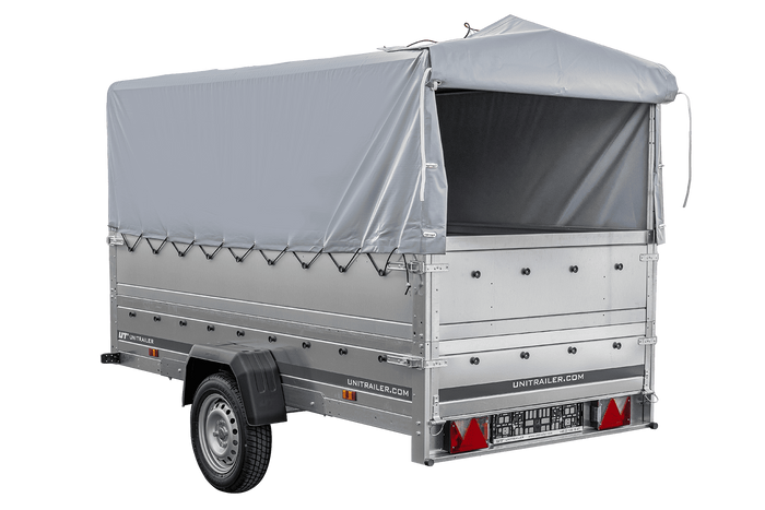 Przyczepka lekka na resorach 264x125 UNITRAILER GARDEN 264/R KIPP z burtami BIS, stelażem H-800 i pokrowcem szarym