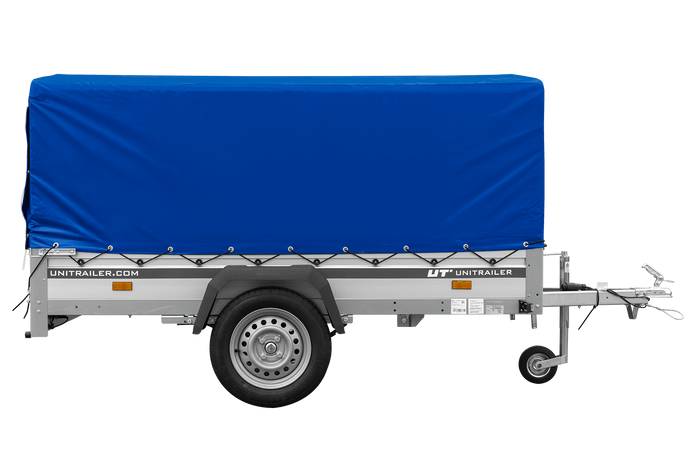 Przyczepka jednoosiowa na resorach z burtami aluminiowymi 230x125 Unitrailer Garden 230/R KIPP ALU ze stelażem H-800 i pokrowcem niebieskim