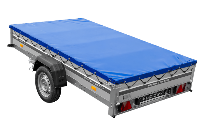 Przyczepka samochodowa z burtami aluminiowymi 264x150 Unitrailer Garden 265 KIPP ALU ze stelażem H-0 i pokrowcem niebieskim