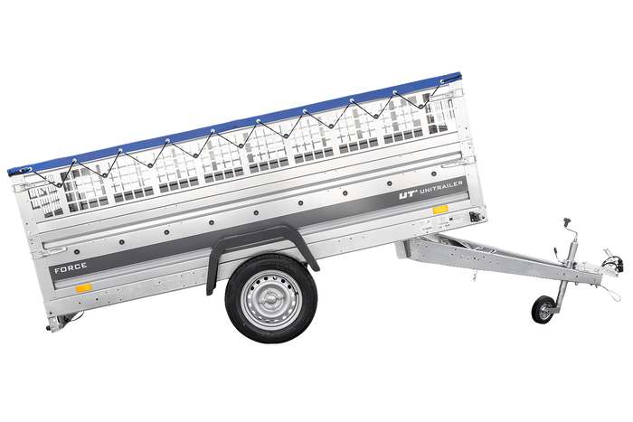 Przyczepka jednoosiowa 264x125 UNITRAILER FORCE 264 KIPP z burtami siatkowymi, stelażem H-0 i pokrowcem niebieskim