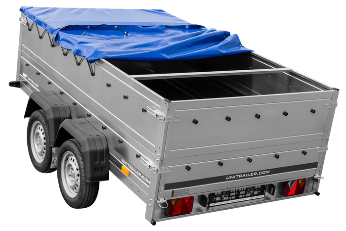 Przyczepka dwuosiowa 264x150 UNITRAILER GARDEN 265/2 KIPP z burtami BIS, stelażem H-0 i pokrowcem niebieskim