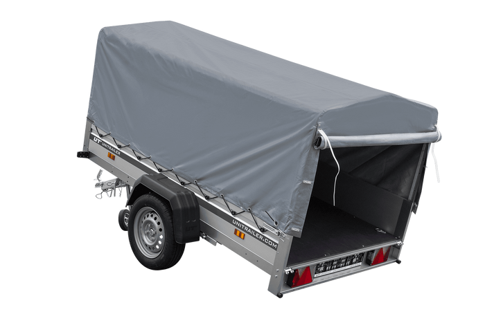 Przyczepka jednoosiowa na resorach z burtami aluminiowymi 230x125 Unitrailer Garden 230/R KIPP ALU ze stelażem H-800 i pokrowcem szarym