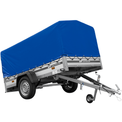 Przyczepka jednoosiowa na resorach z burtami aluminiowymi 230x125 Unitrailer Garden 230/R KIPP ALU ze stelażem H-800 i pokrowcem niebieskim